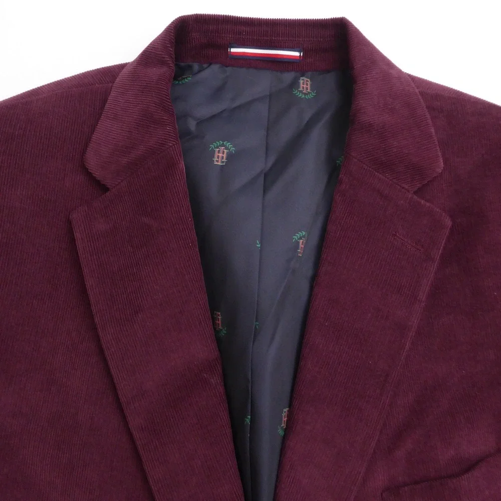 Tommy Hilfiger Mens Corduroy Blazer Sport Coat Maroon Red Elbow Patches 48R